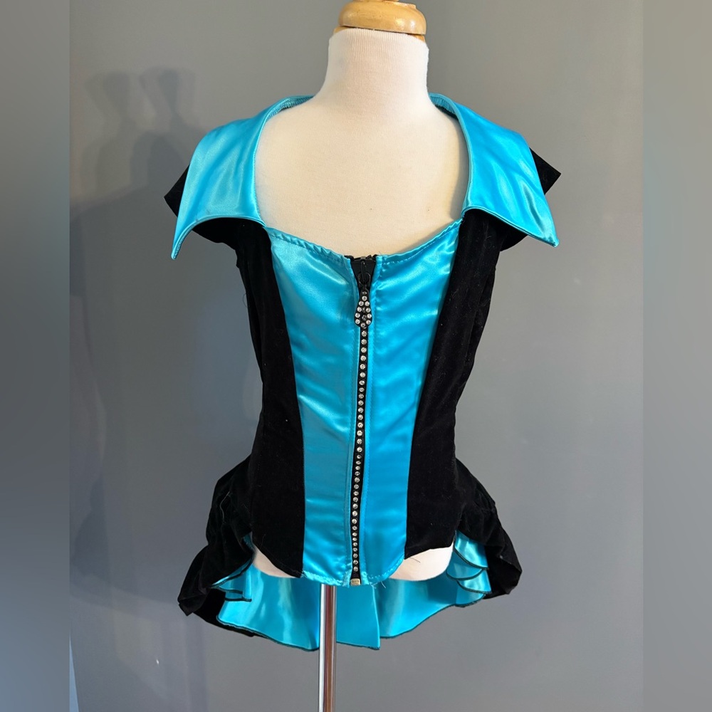 Black and Turquoise Satin Corset Dance Costume with Rhinestone Zip